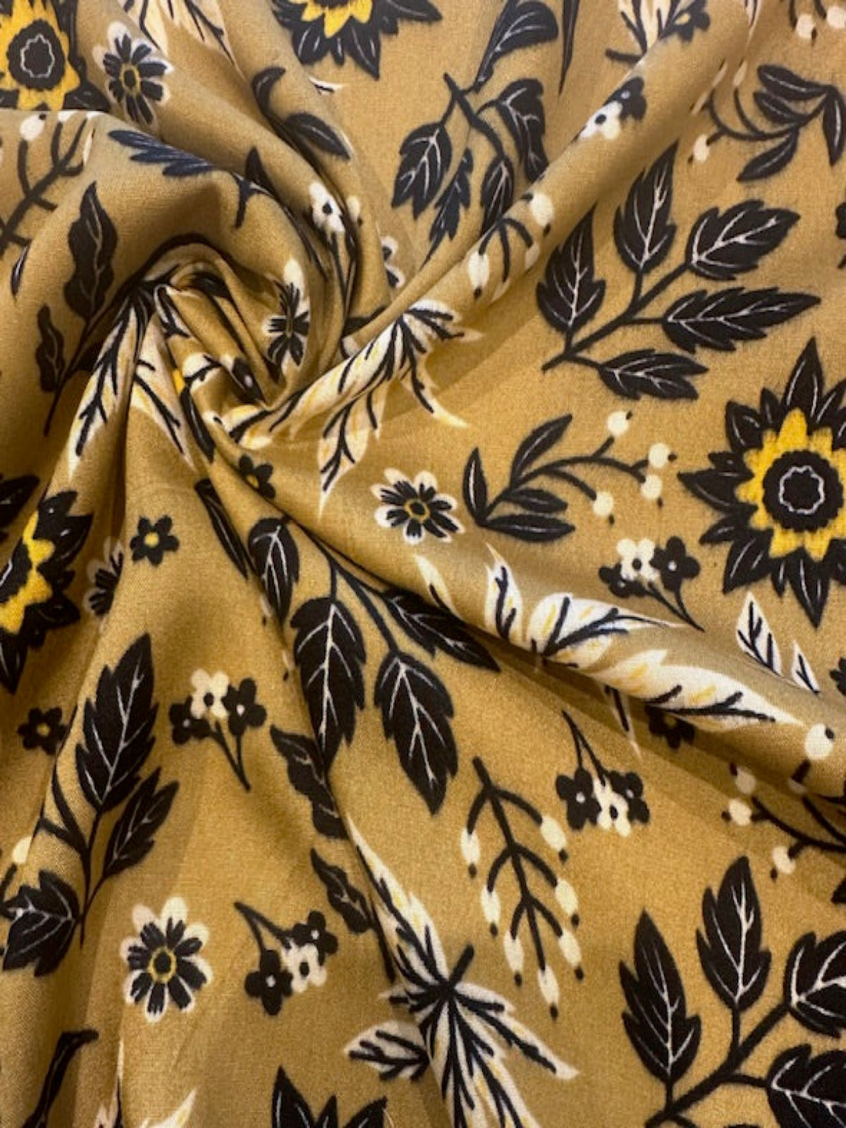 Gold/Black Leaf & Flower Print on Soft Handle Viscose