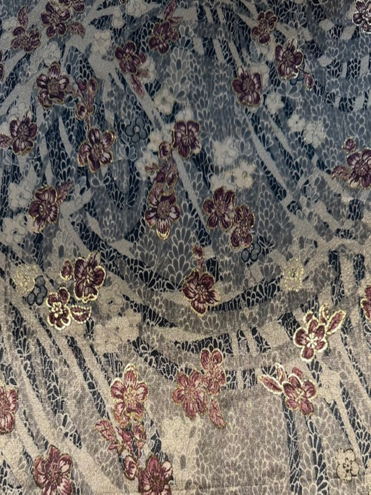 Grey & Black Floral with Magenta Flower &amp; Gold Lurex on Coffee Velvet