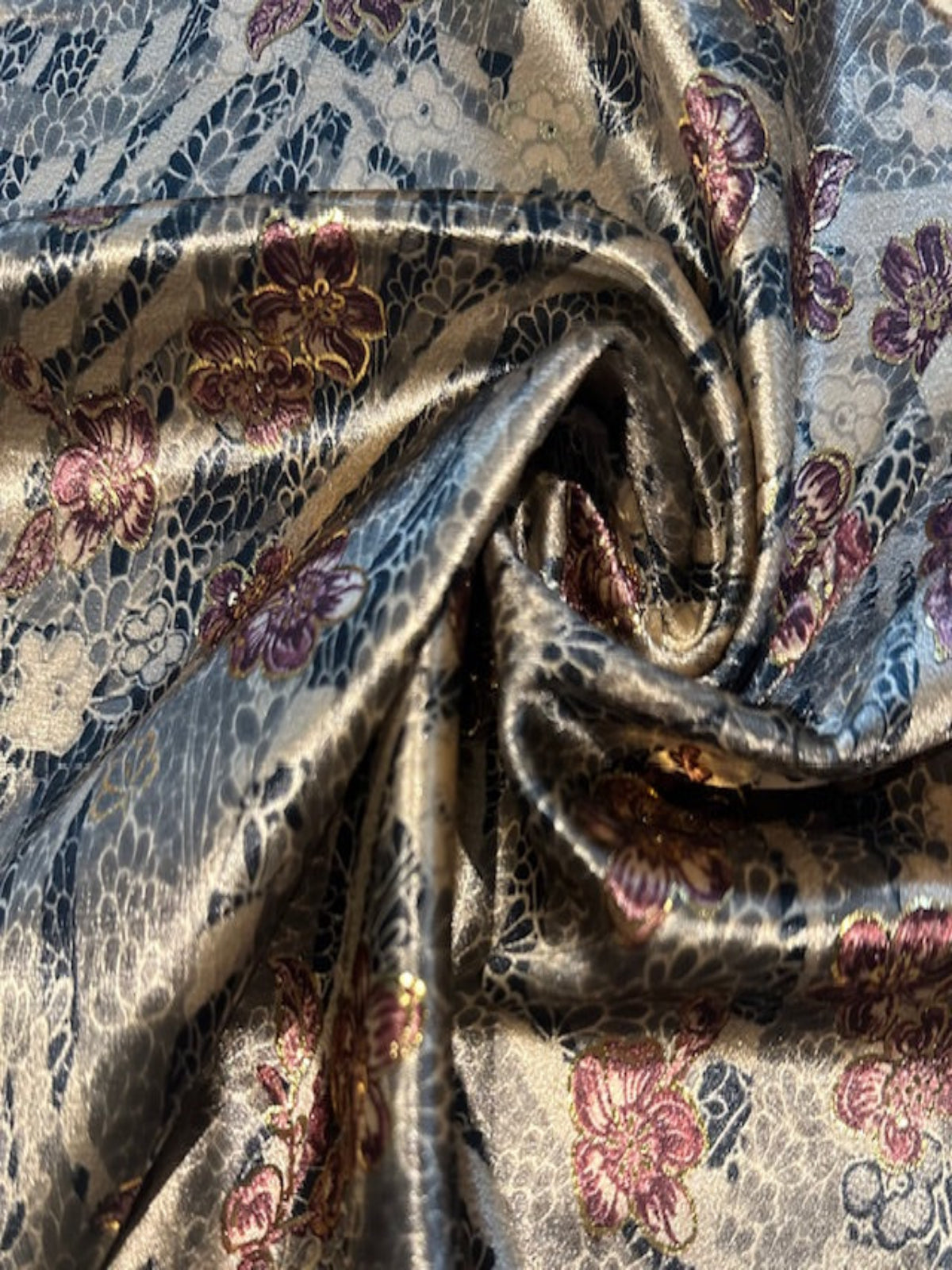 Grey & Black Floral with Magenta Flower &amp; Gold Lurex on Coffee Velvet