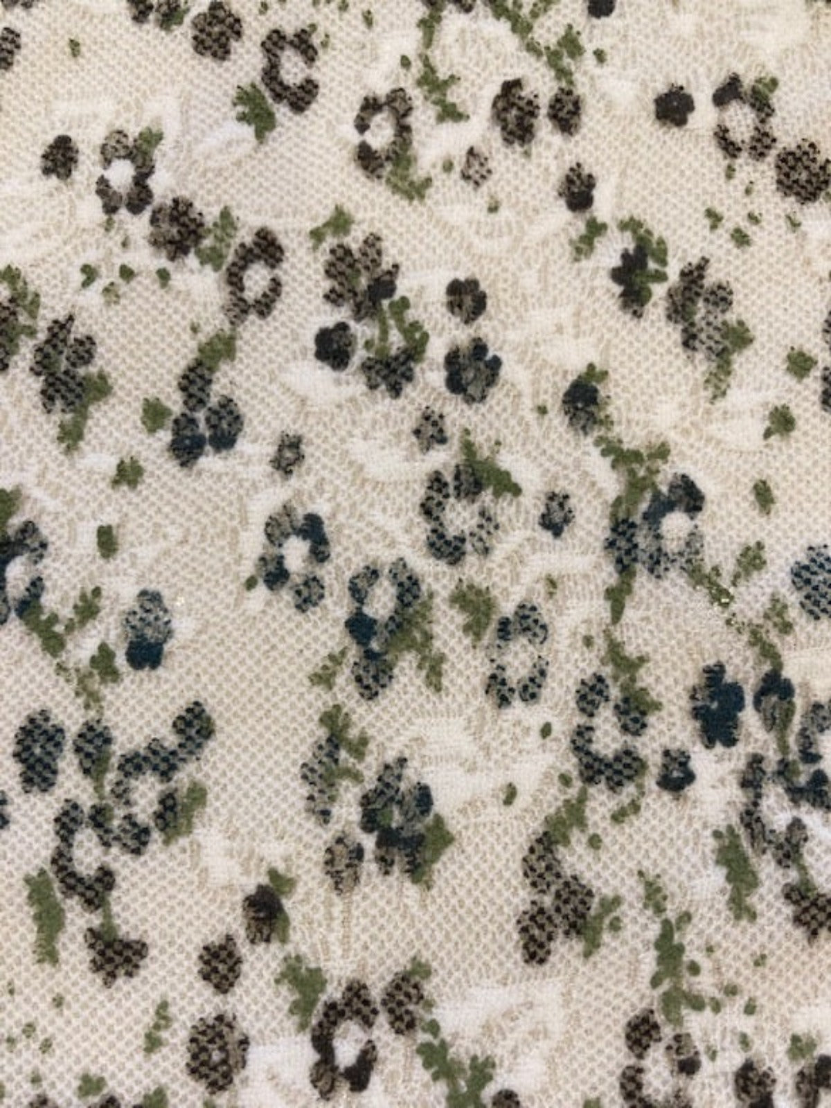 Ditsy Green/Black Flower on White Lace