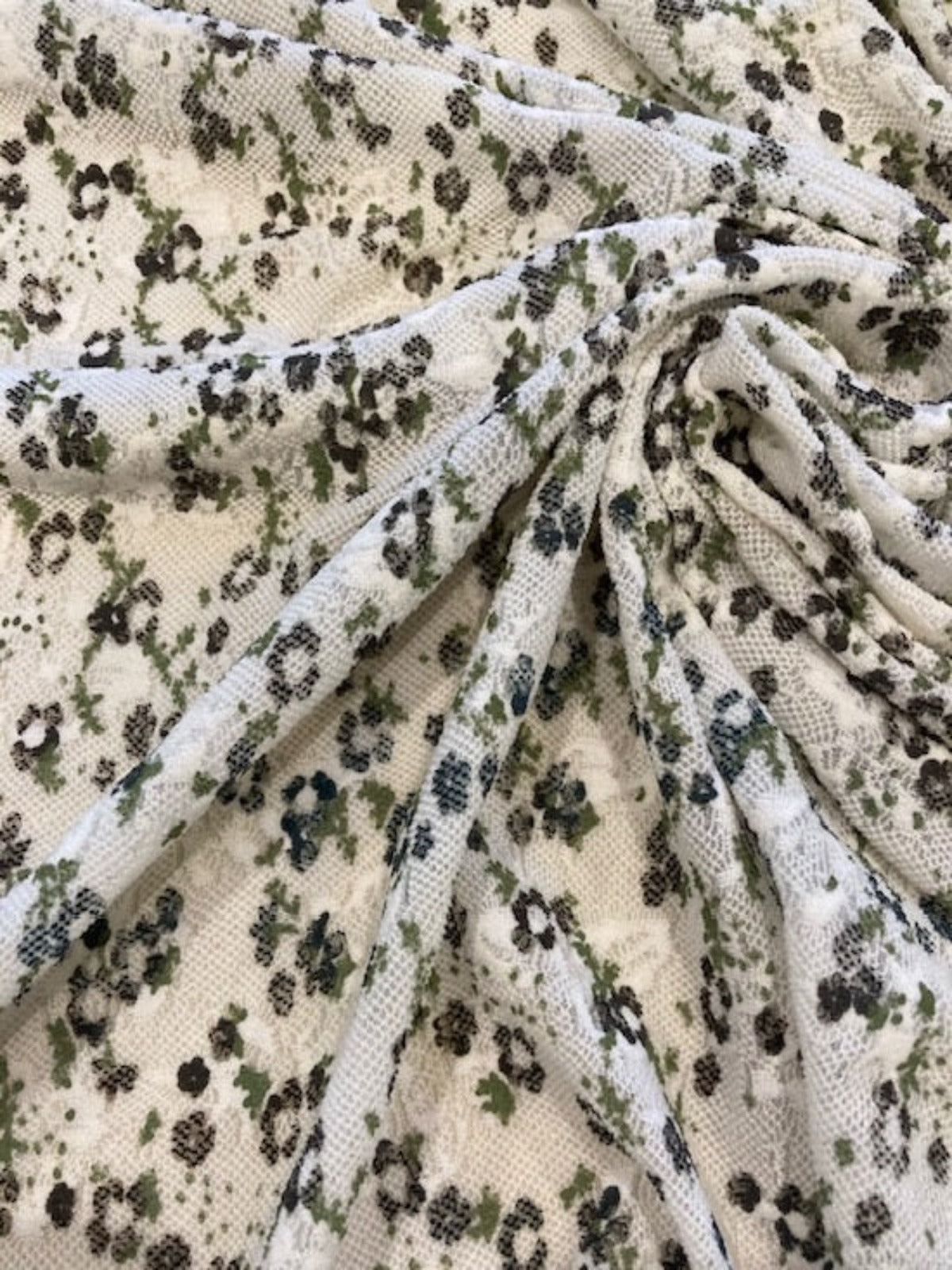 Ditsy Green/Black Flower on White Lace