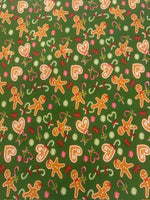Christmas Gingerbread Hearts & Bows on Green Poly/Cotton