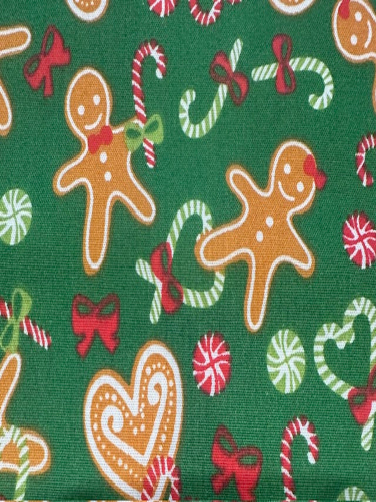 Christmas Gingerbread Hearts & Bows on Green Poly/Cotton
