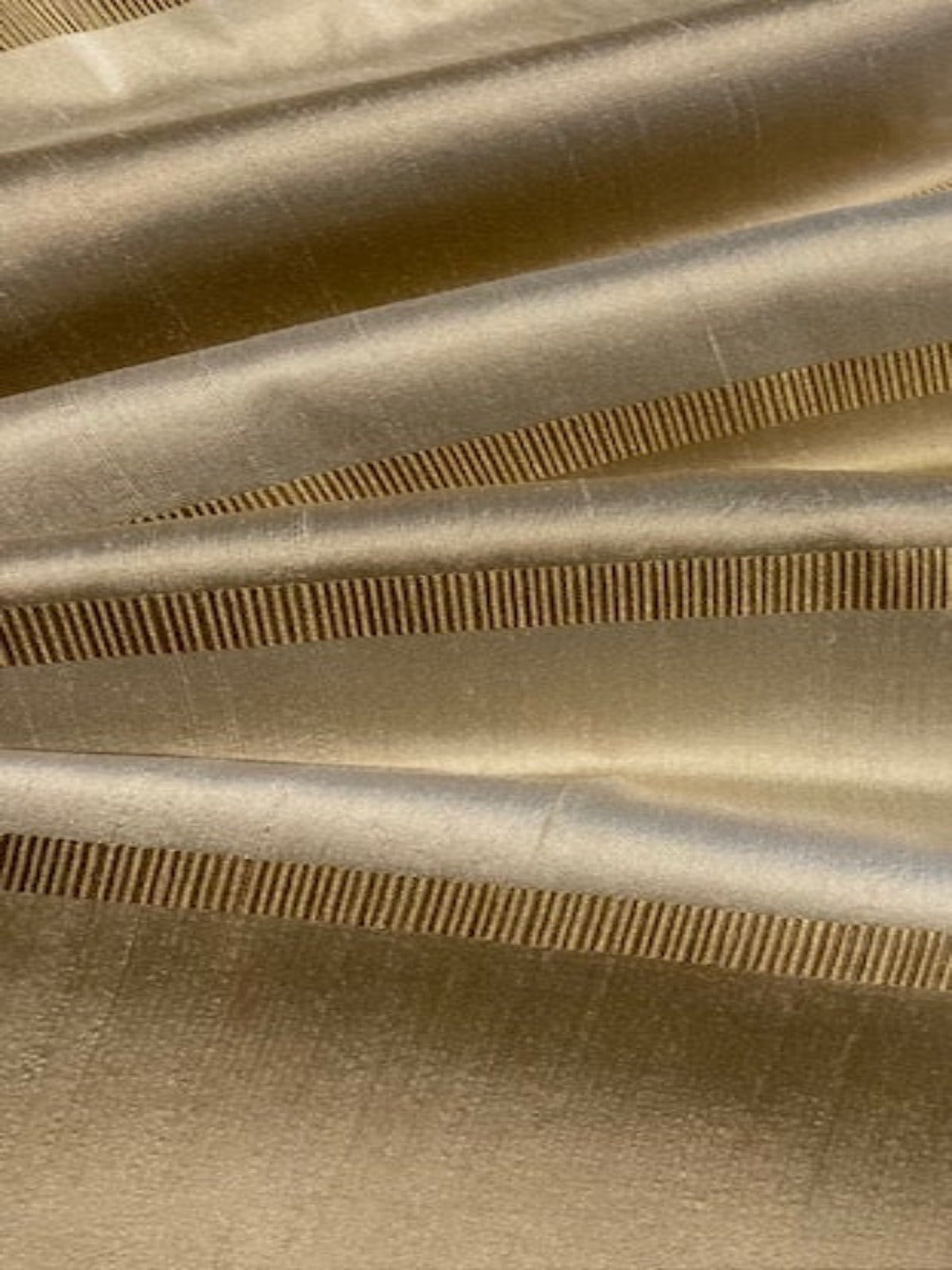 Golden Cream Silk Dupion Irridescent Stripe with Ribboned Stripe running along the Fabric