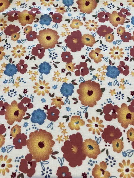 Orange/Blue Overall Flowers on White Cotton Lawn