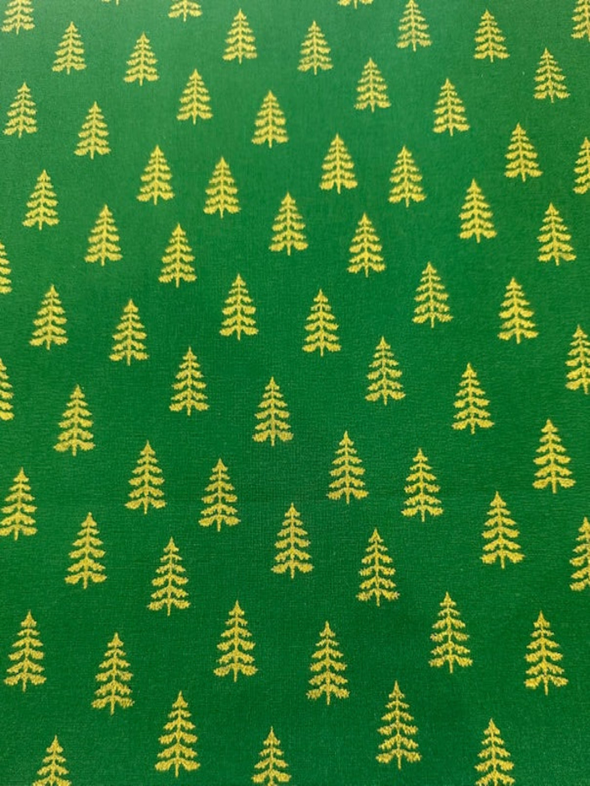 Simple Metallic Christmas Trees on Green Cotton