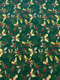Christmas Green Hollies on Green Cotton