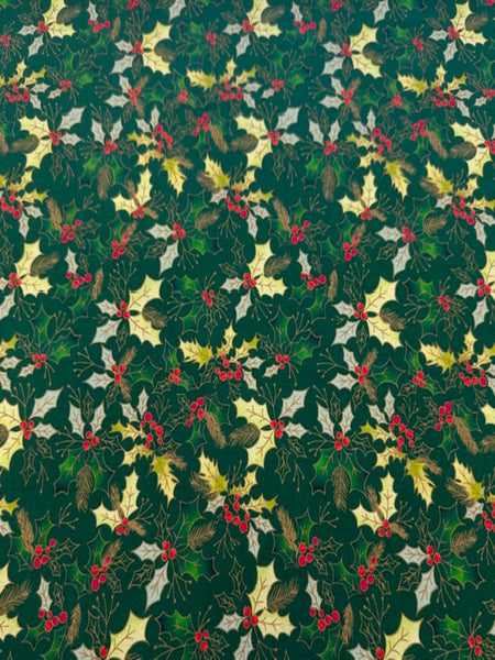 Christmas Green Hollies on Green Cotton