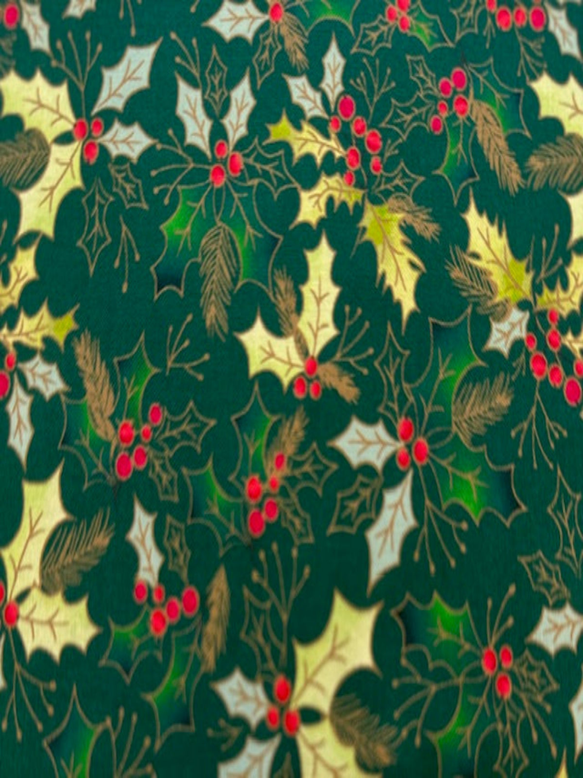 Christmas Green Hollies on Green Cotton