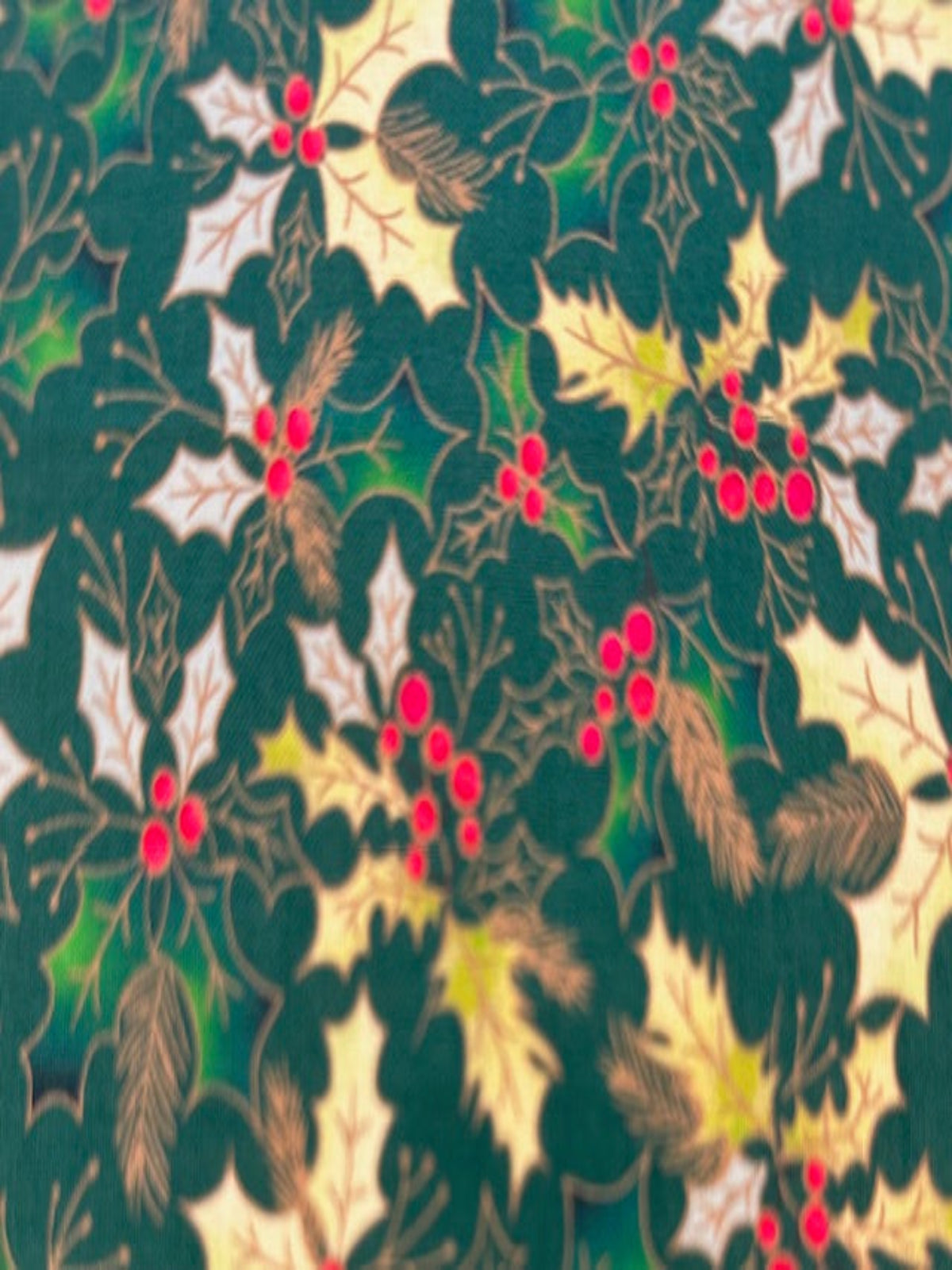 Christmas Green Hollies on Green Cotton