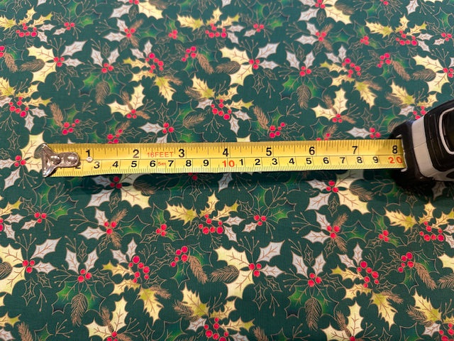 Christmas Green Hollies on Green Cotton