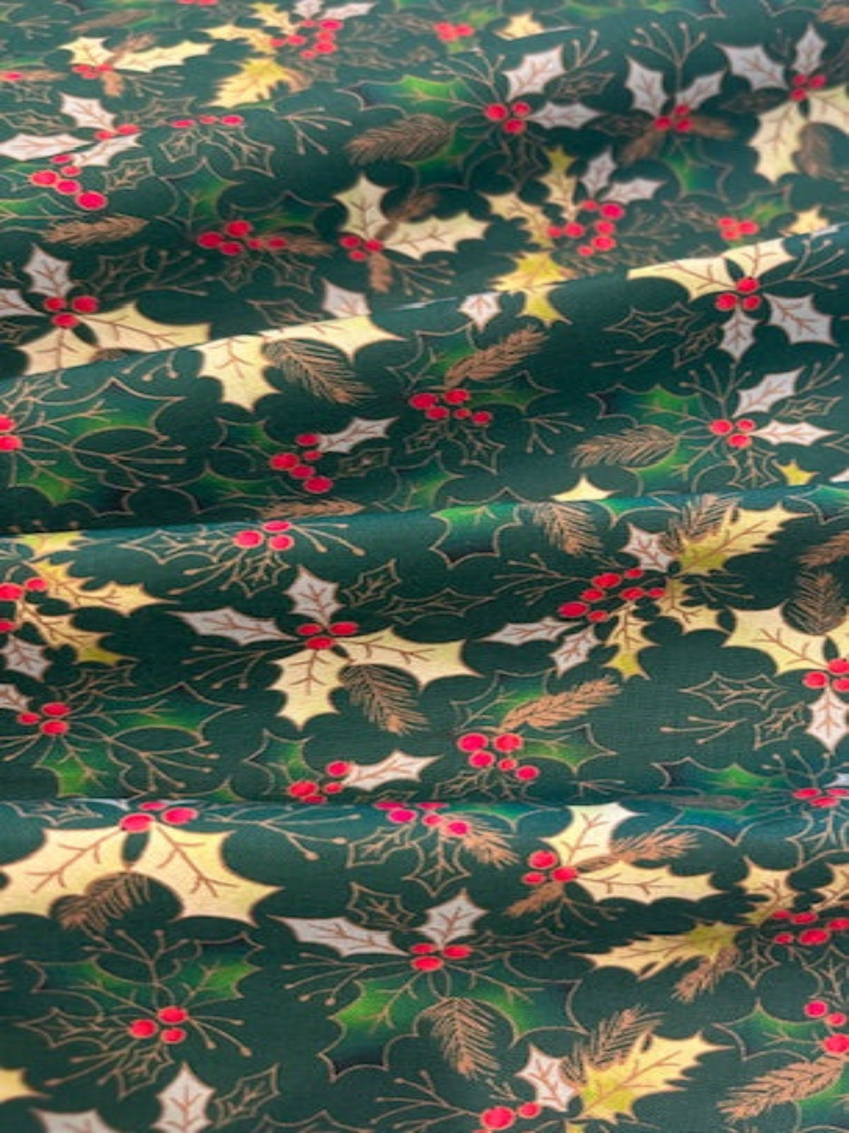 Christmas Green Hollies on Green Cotton