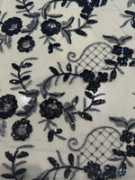 Black/Silver Trailing Flower with Lattice on Bottle Green Mesh