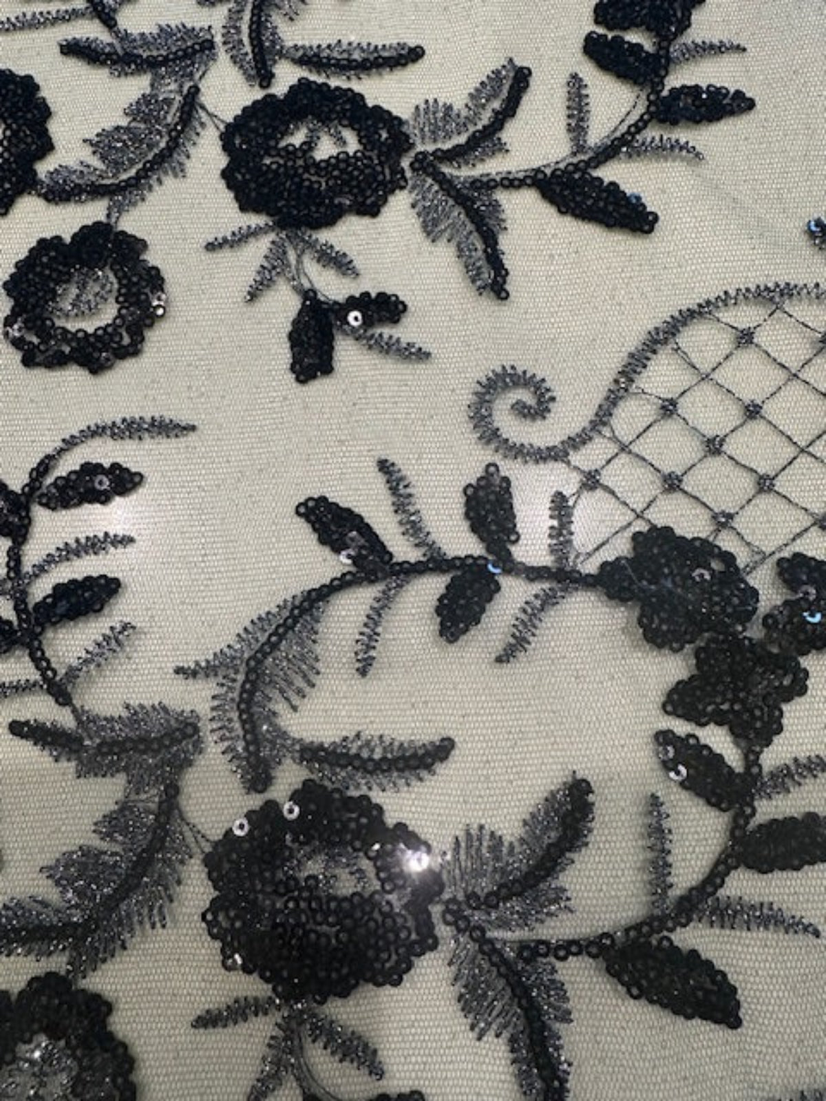 Black/Silver Trailing Flower with Lattice on Bottle Green Mesh