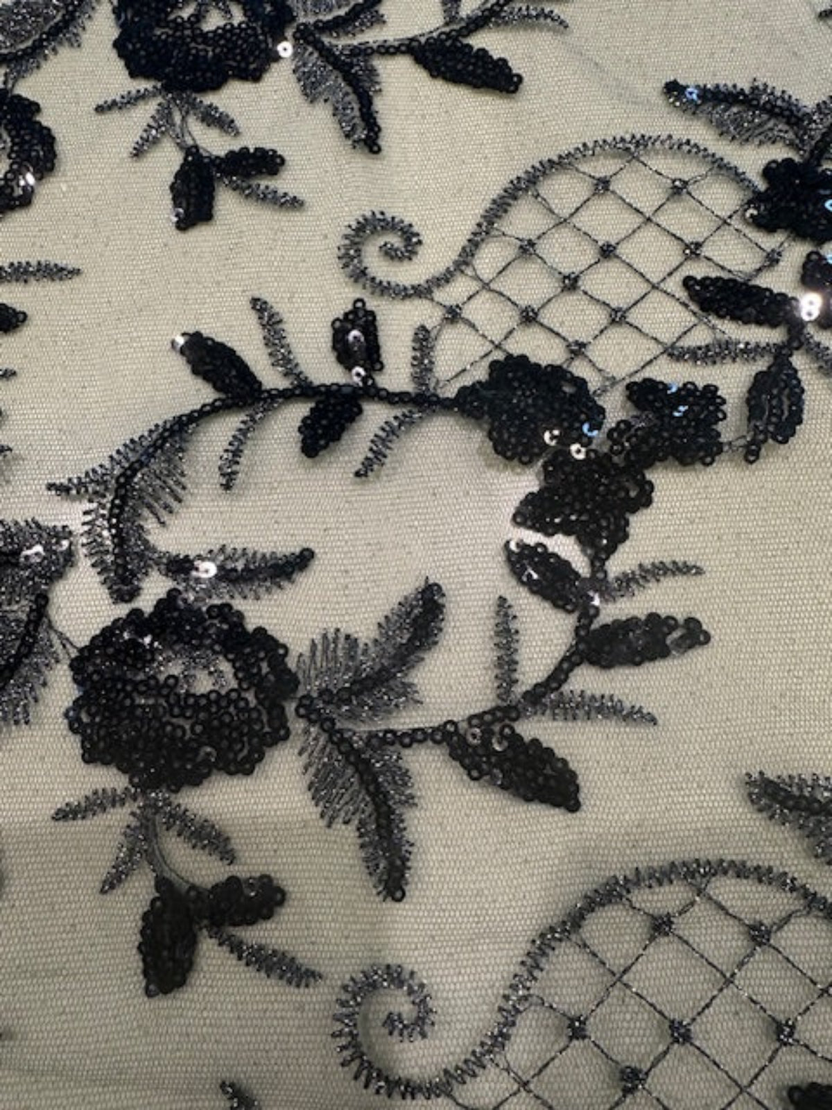 Black/Silver Trailing Flower with Lattice on Bottle Green Mesh