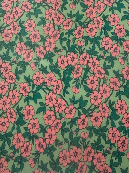 Dusty Pink Floral on Green Cotton Lawn