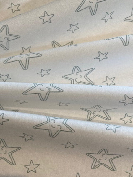 Sage Green Smiling Stars on White Cotton