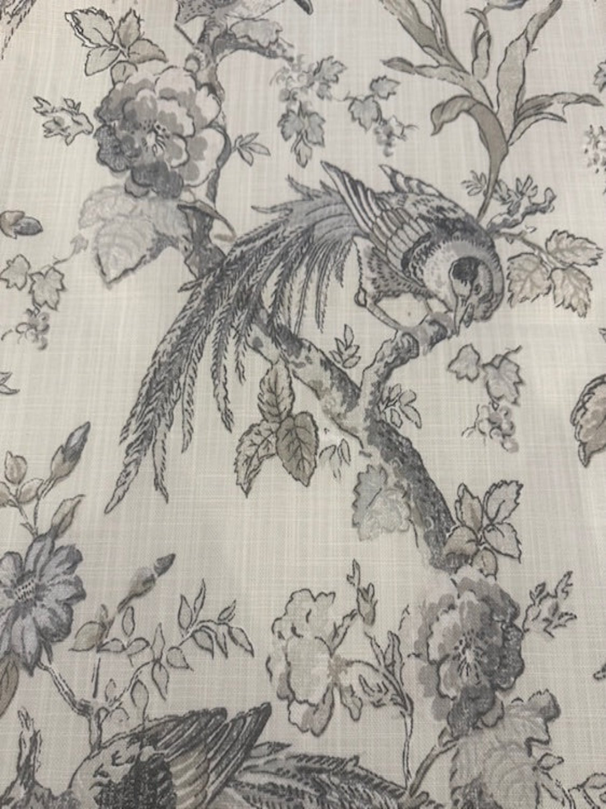 Cream &amp; Grey Floral & Bird Linen Look Furnishing. "Renaissance"- Porter &amp; Stone.