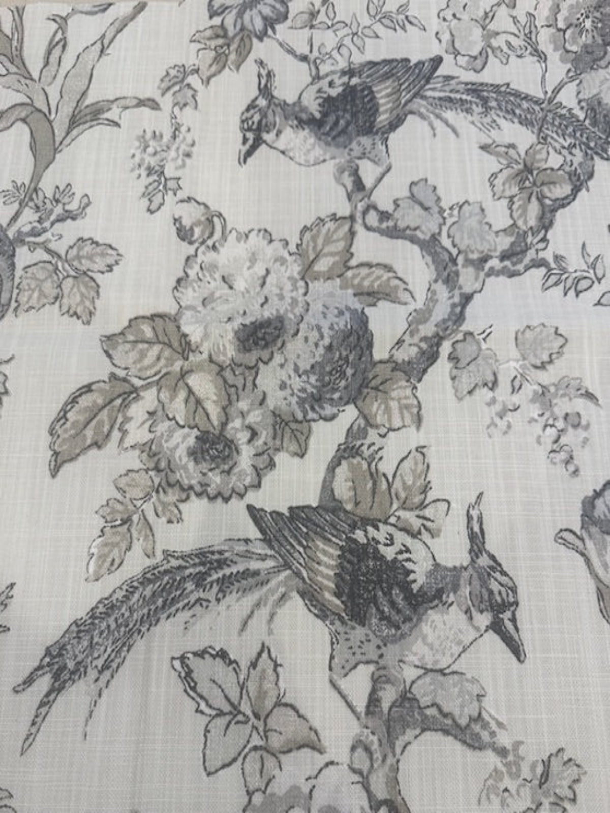 Cream &amp; Grey Floral & Bird Linen Look Furnishing. "Renaissance"- Porter &amp; Stone.