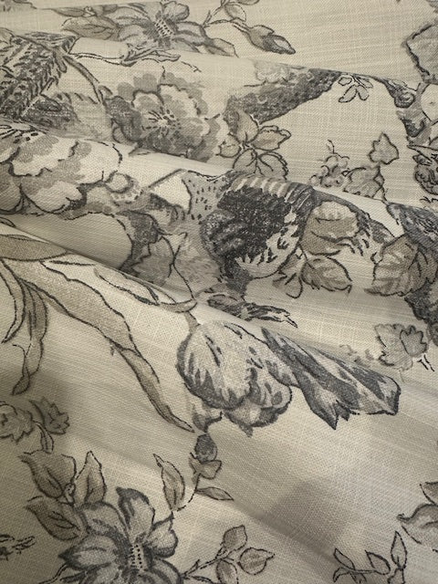 Cream &amp; Grey Floral & Bird Linen Look Furnishing. "Renaissance"- Porter &amp; Stone.