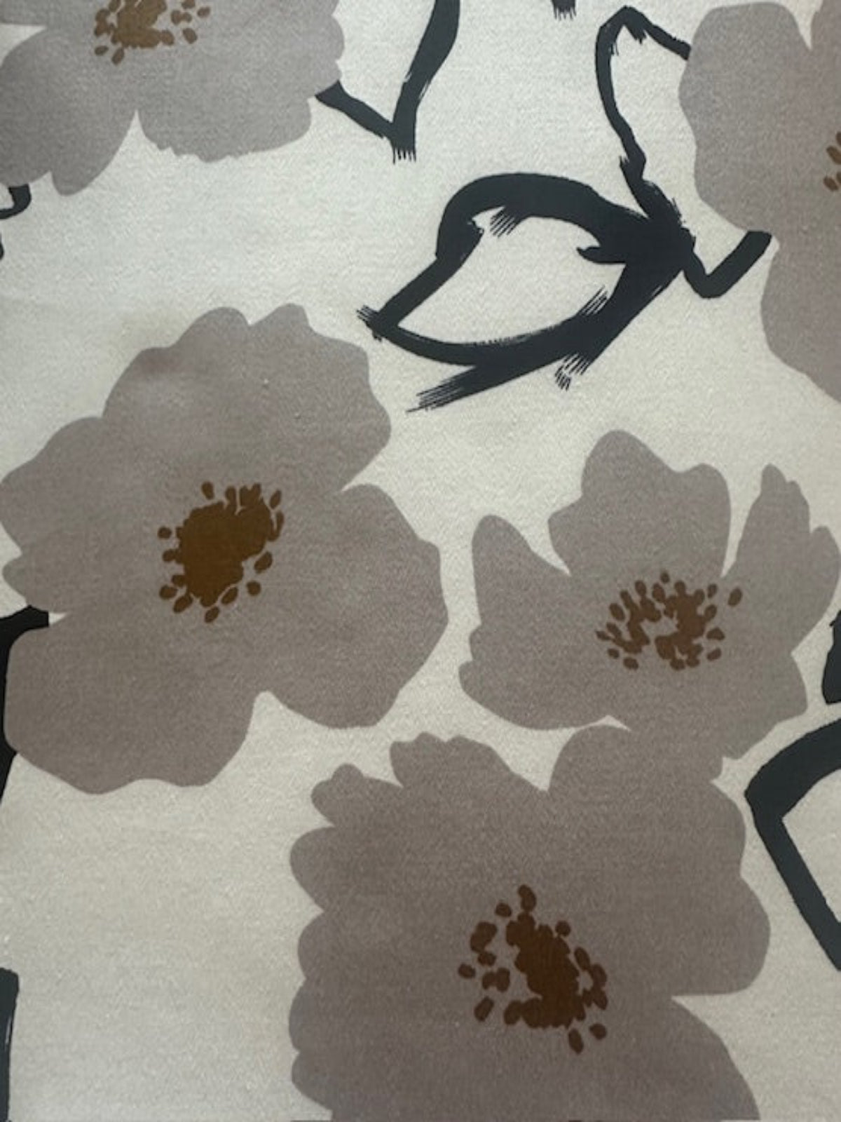 Grey & Black Sketchy Flower Print on Ivory Stretch Cotton
