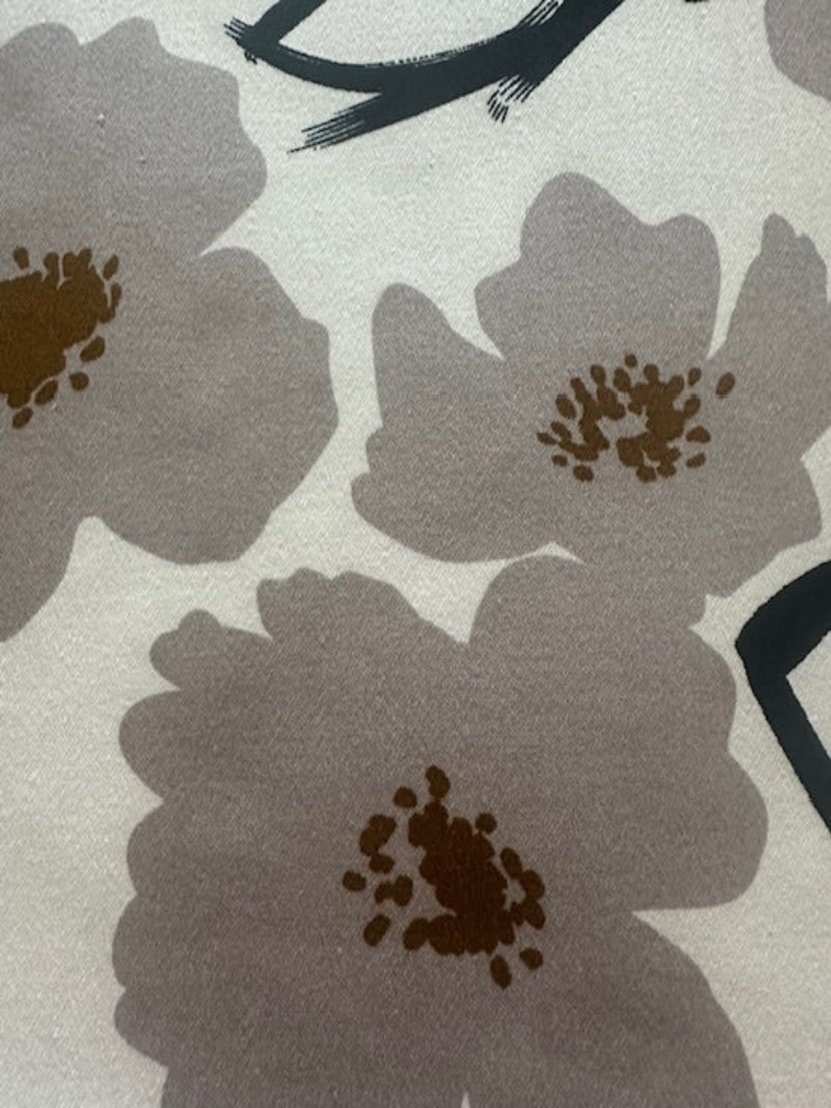 Grey & Black Sketchy Flower Print on Ivory Stretch Cotton