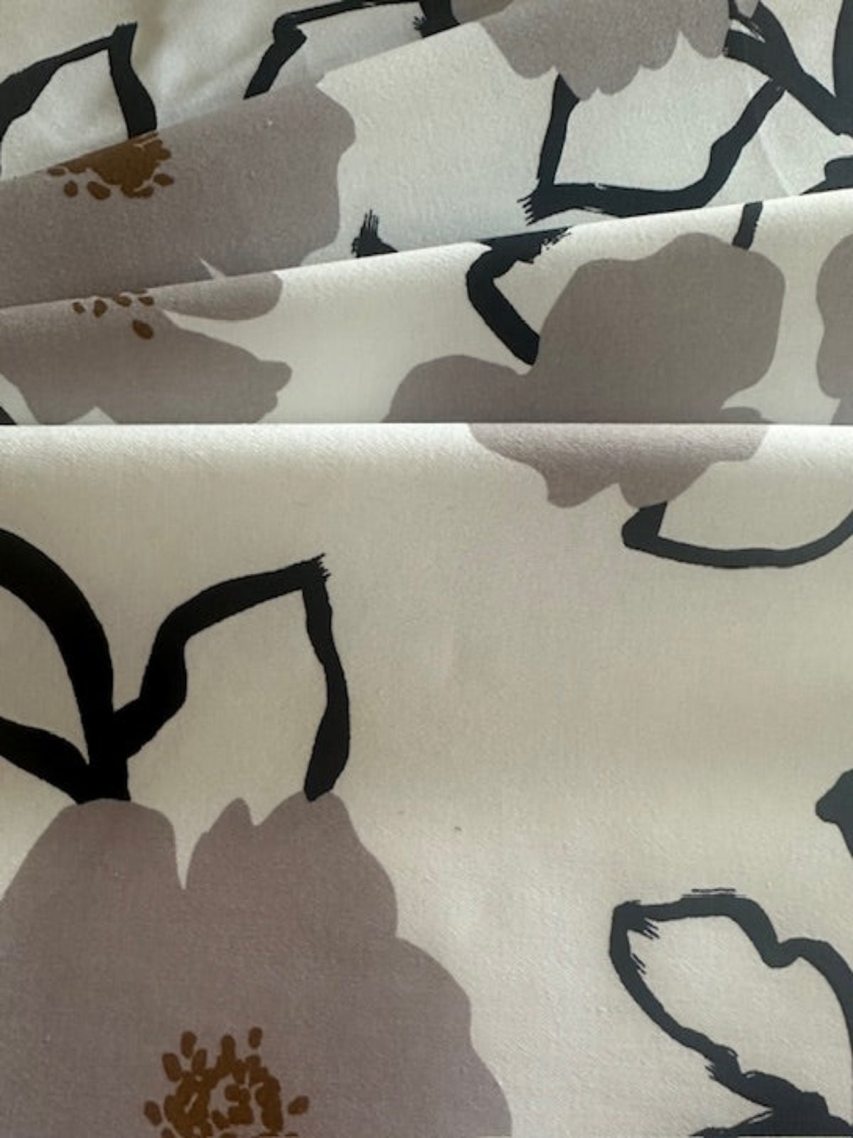 Grey & Black Sketchy Flower Print on Ivory Stretch Cotton