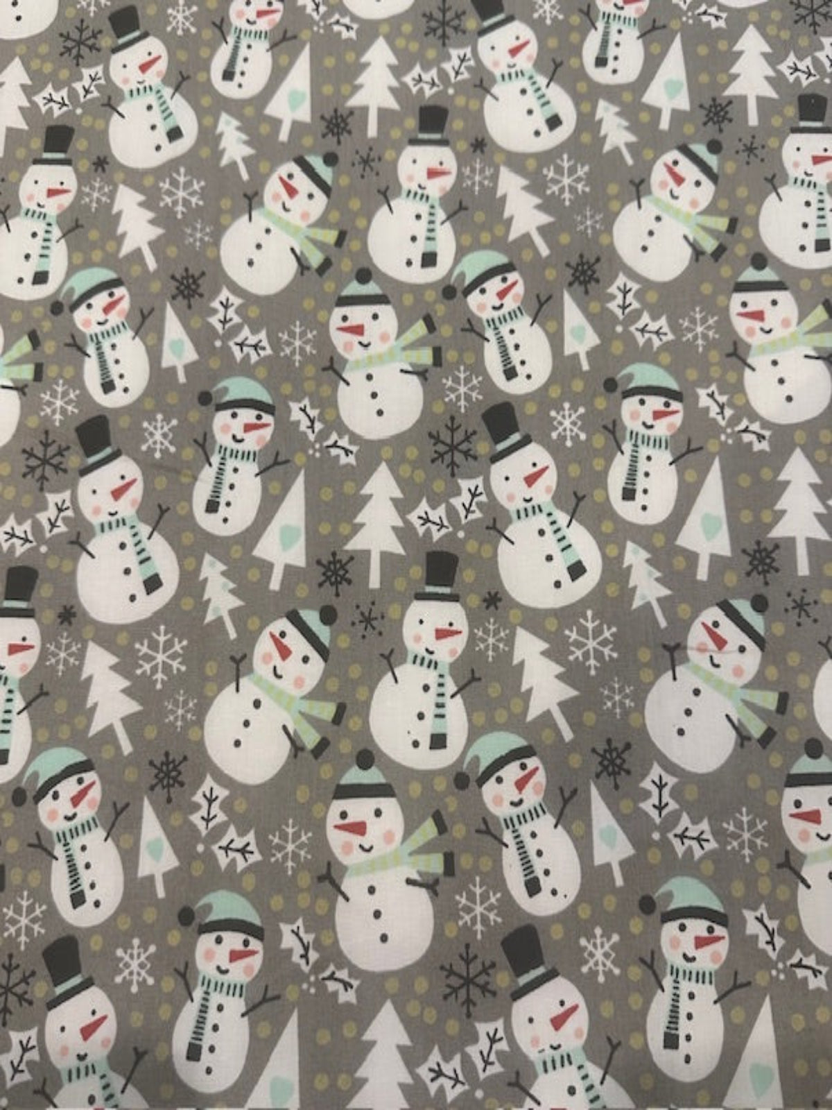 Snowman Christmas Trees &amp; Snowflakes on Grey Cotton