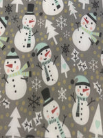 Snowman Christmas Trees &amp; Snowflakes on Grey Cotton