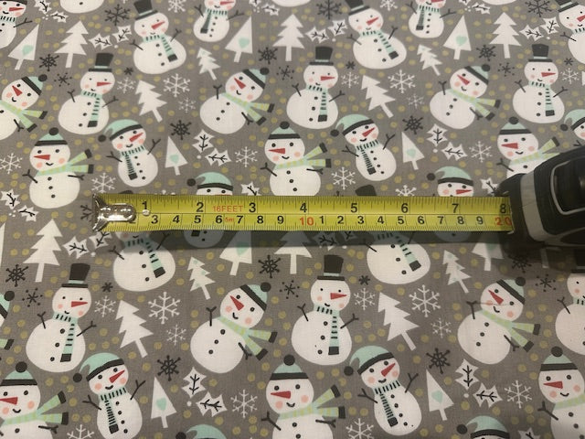 Snowman Christmas Trees &amp; Snowflakes on Grey Cotton