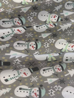 Snowman Christmas Trees &amp; Snowflakes on Grey Cotton