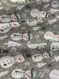 Snowman Christmas Trees &amp; Snowflakes on Grey Cotton