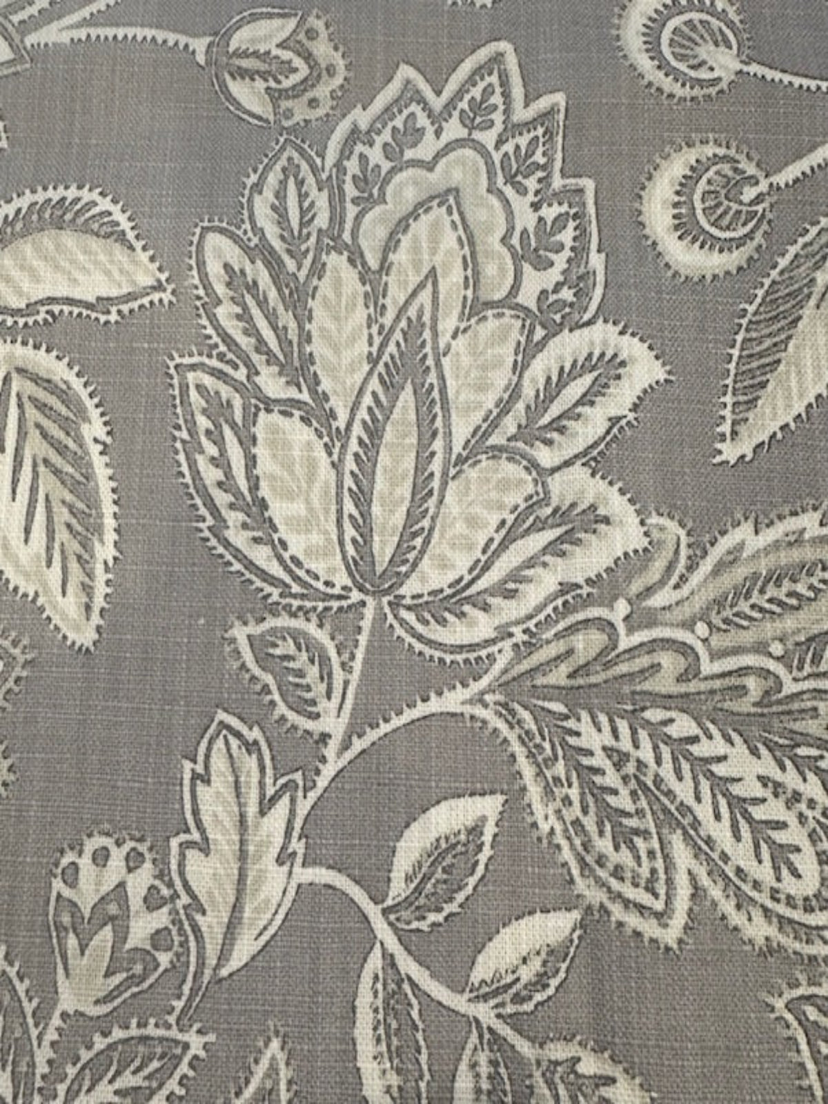Grey &amp; Ecru Trailing Flower &amp; Leaf Linen Look Furnishing. "Amore"- Porter &amp; Stone.