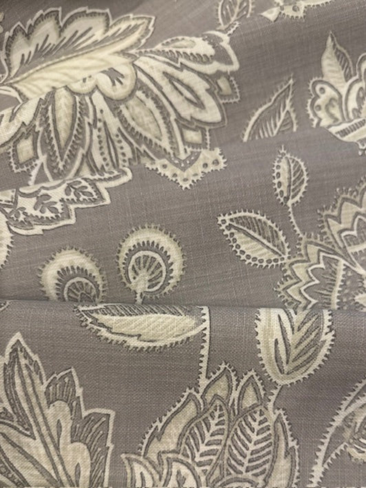 Grey &amp; Ecru Trailing Flower &amp; Leaf Linen Look Furnishing. "Amore"- Porter &amp; Stone.