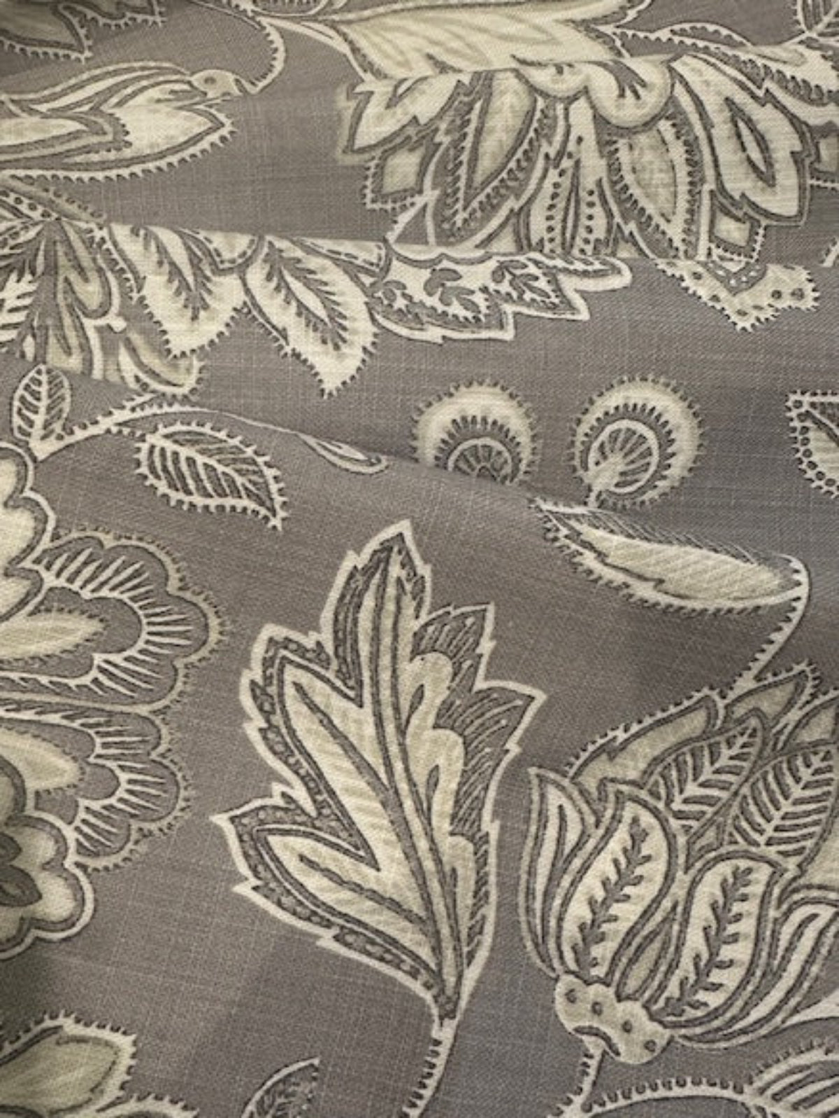 Grey &amp; Ecru Trailing Flower &amp; Leaf Linen Look Furnishing. "Amore"- Porter &amp; Stone.