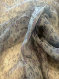 Burgundy Leaf on Grey Yoryu Silk Chiffon