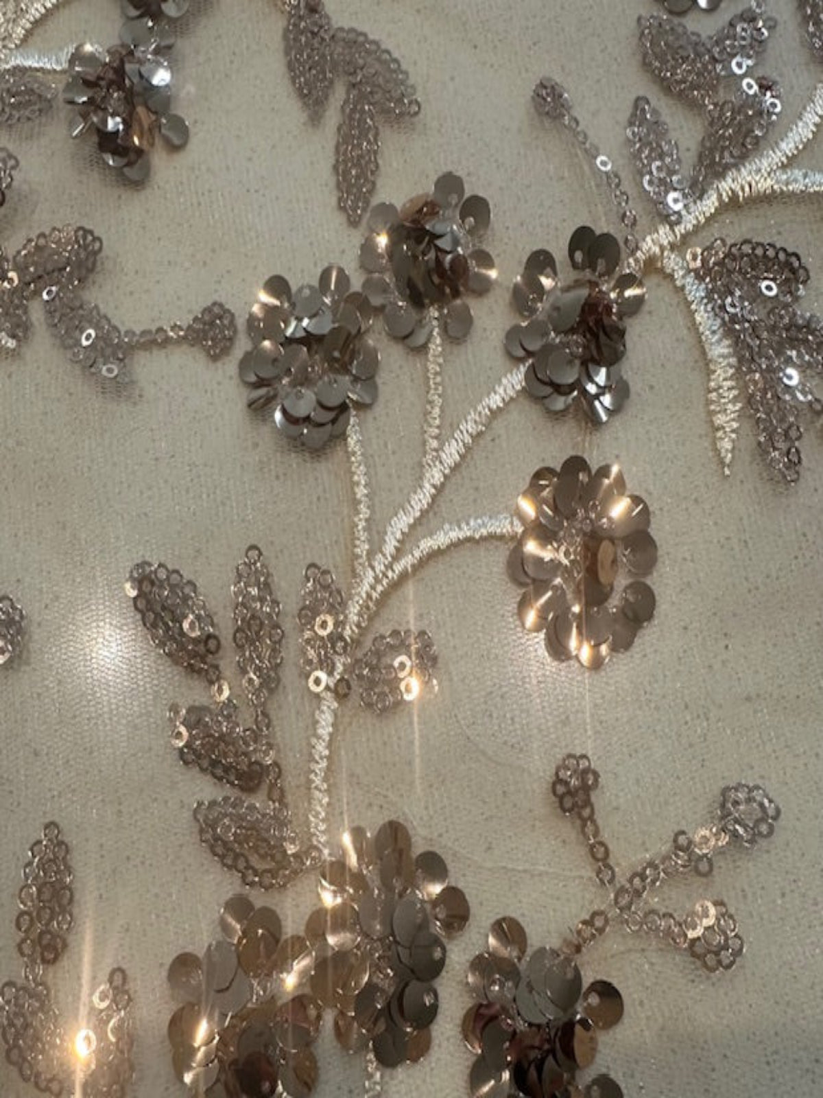 Gold Sequin and Embroidery On Mesh with Scalloped Edge