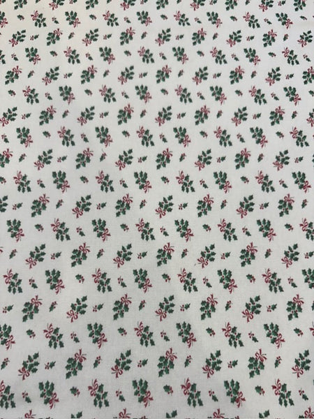 Ditsy Christmas Hollies & Red Bows on Ivory Cotton