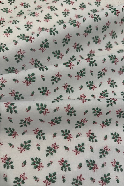 Ditsy Christmas Hollies & Red Bows on Ivory Cotton