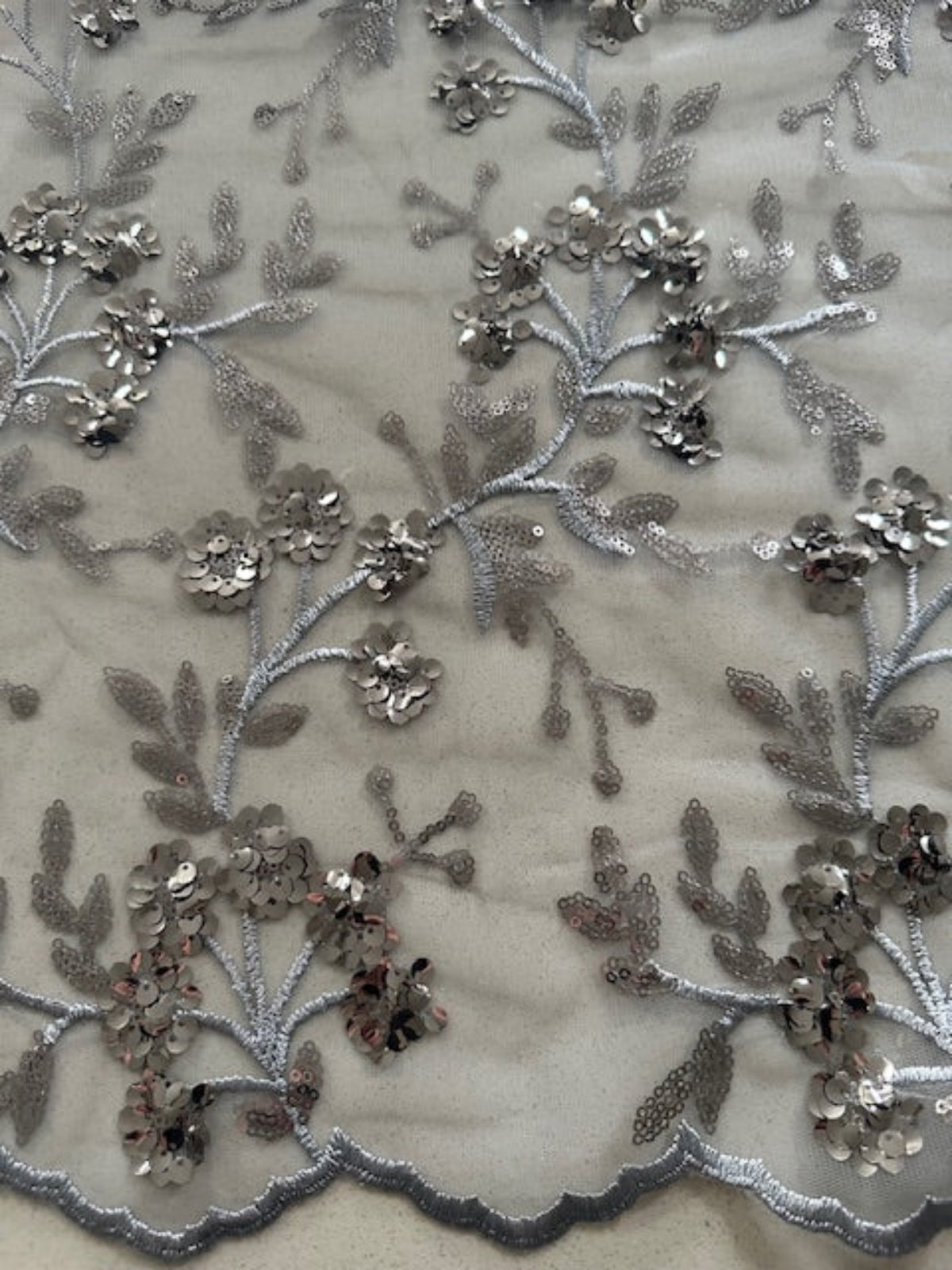 Silver Sequin & Embroidery Trailing Floral on Mesh