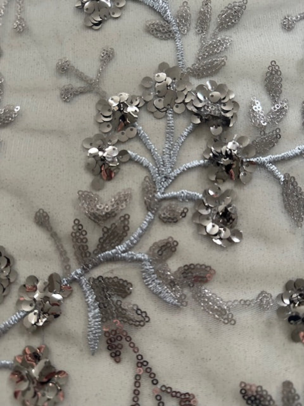 Silver Sequin & Embroidery Trailing Floral on Mesh