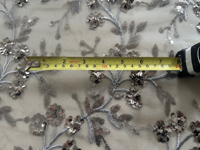 Silver Sequin & Embroidery Trailing Floral on Mesh