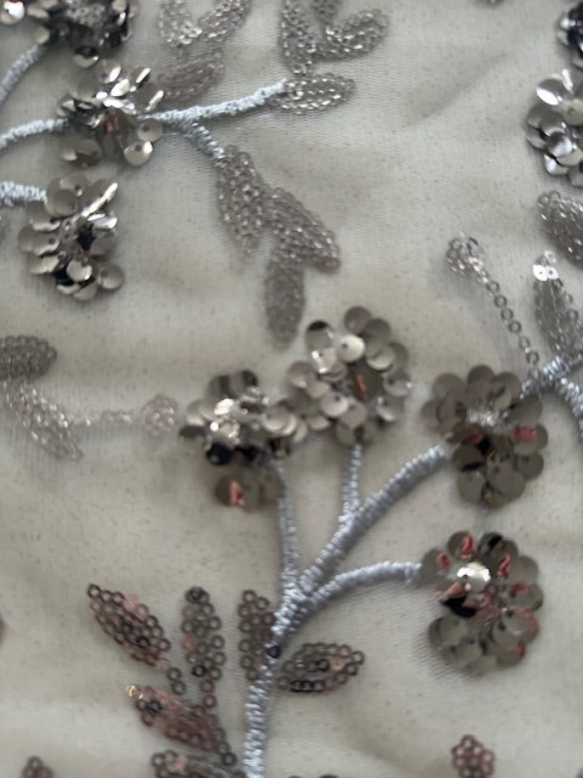Silver Sequin & Embroidery Trailing Floral on Mesh