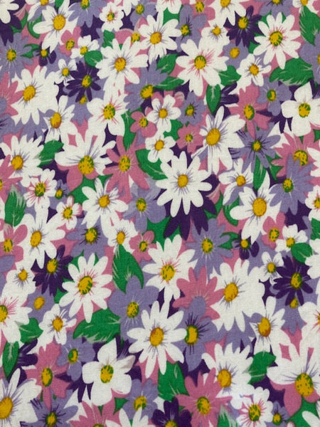 Lavender & Pink Flowers with Green Leaves on Cotton Lawn