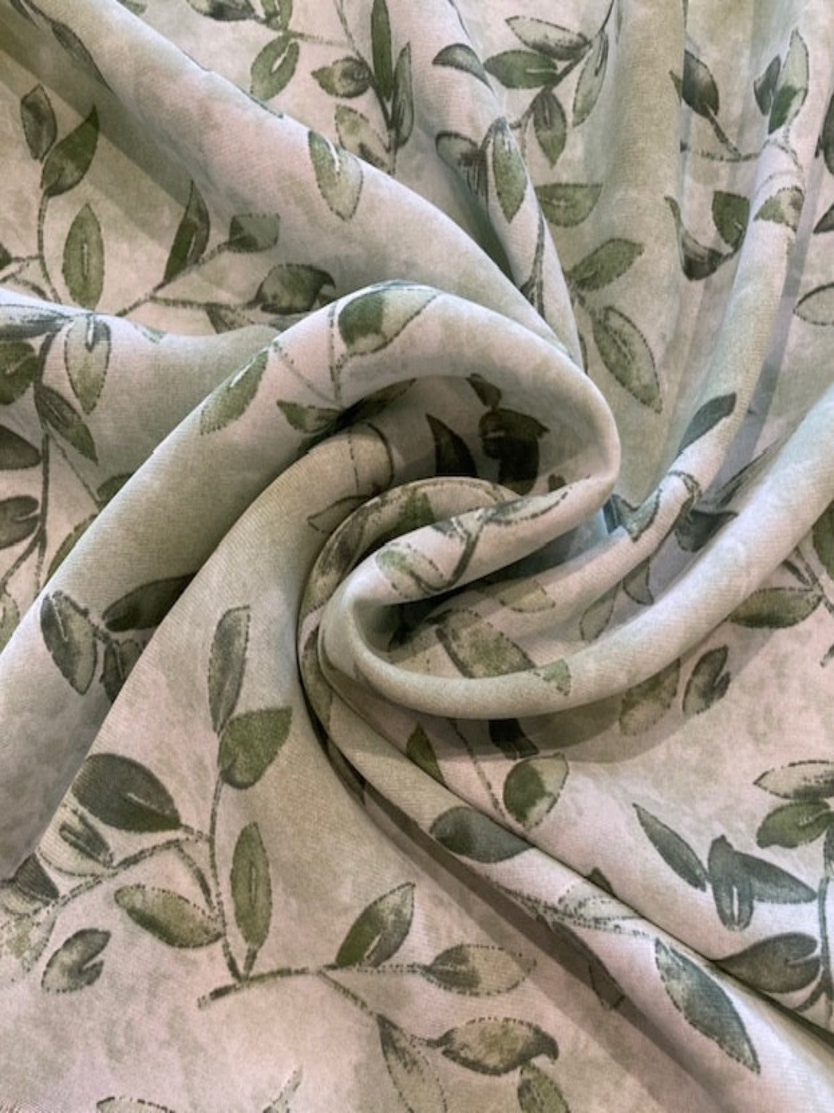 Shades of Green Leaf Sprigs on Silky Woven