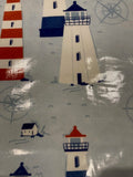 Red/Blue Lighthouses on Pale Blue PVC Coated Cotton