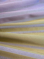 Pale Lilac &amp; Lime Stripe with Lurex Detail. Stripes Run Along the Fabric