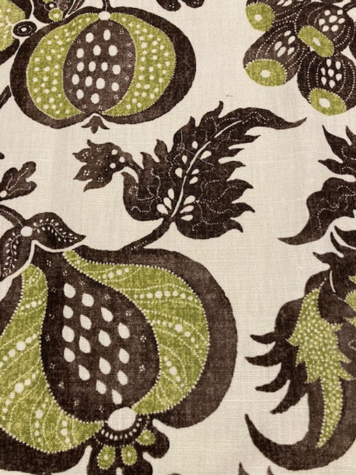 Lime/Brown Flowers & Fruits on Linen Mix "Sanderson - China Blue"