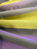 Lime/Purple/Lilac Satin Silk Mix Stripe. Stripes Run Along the Fabric