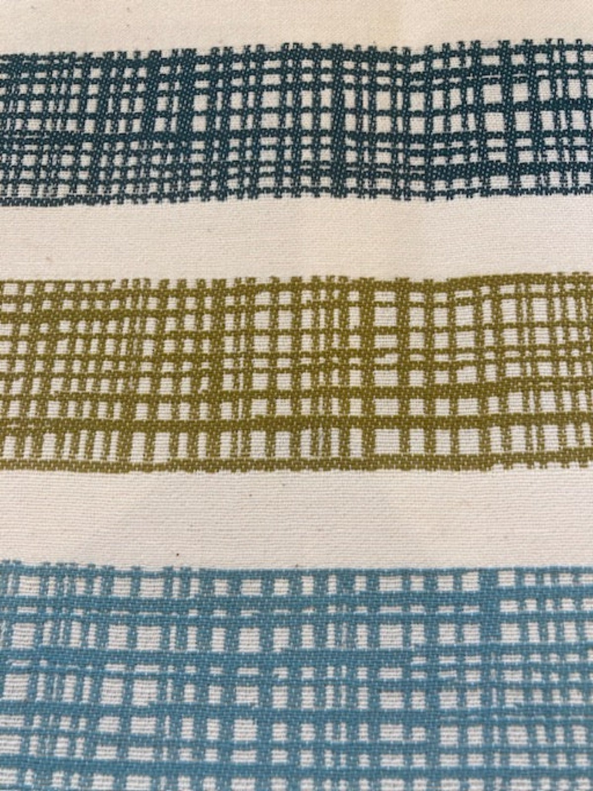 Grey/Lime/Blue/Teal Basket Weave effect Stripes Running across the Fabric - with Fire Retardant Finish
